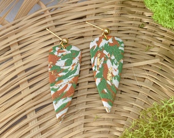 textured boho polymer clay earrings | green, orange, cream | daggers