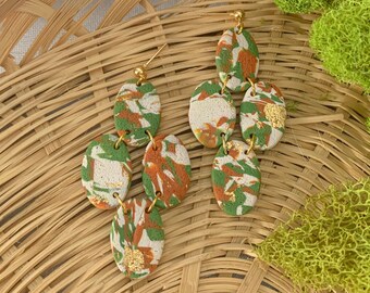 textured boho polymer clay earrings | green, orange, cream | large ovals