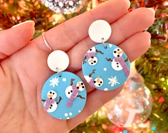 surprised snowman polymer clay earrings - circles