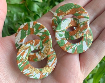 textured boho polymer clay earrings | green, orange, cream | linked circles