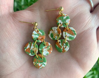 textured boho polymer clay earrings | green, orange, cream | small circles