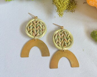 knitted arch dangles / knitted sweater / brass arches polymer clay earrings - green