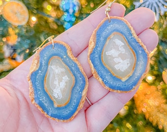 blue faux agate slice polymer clay earring | agate earrings | geode earrings