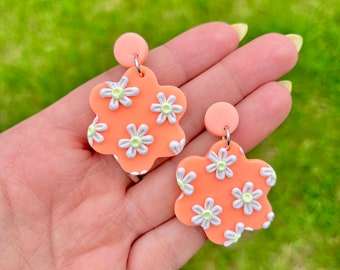 crazy daisy | flower | neon orange polymer clay earrings