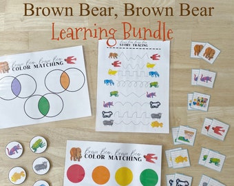 May include: Brown Bear, Brown Bear Learning Bundle printable activity set with color matching, story tracing, and matching game cards. The set includes three worksheets and a set of colorful game cards.