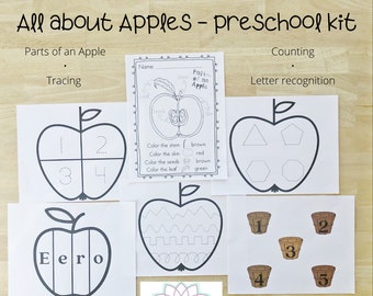 All about Apples - preschool apple activity, learn parts of an apple, shape tracing, counting, name puzzle, preschool fun activities