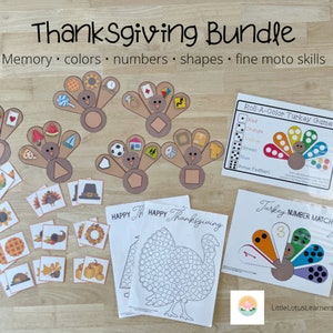 Thanksgiving Preschool learning bundle - learning activity for preschoolers, learning shapes, learning colors, learning numbers