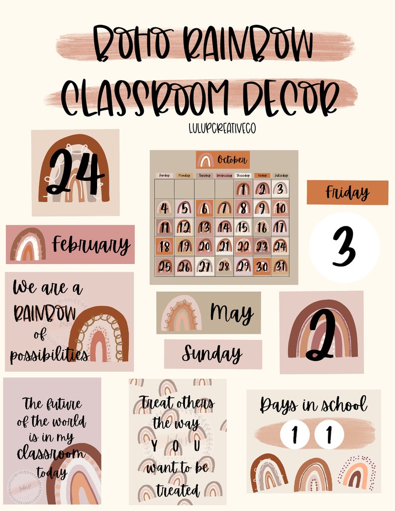 Boho Rainbow Classroom Decor Calendar Squares Days of the Etsy