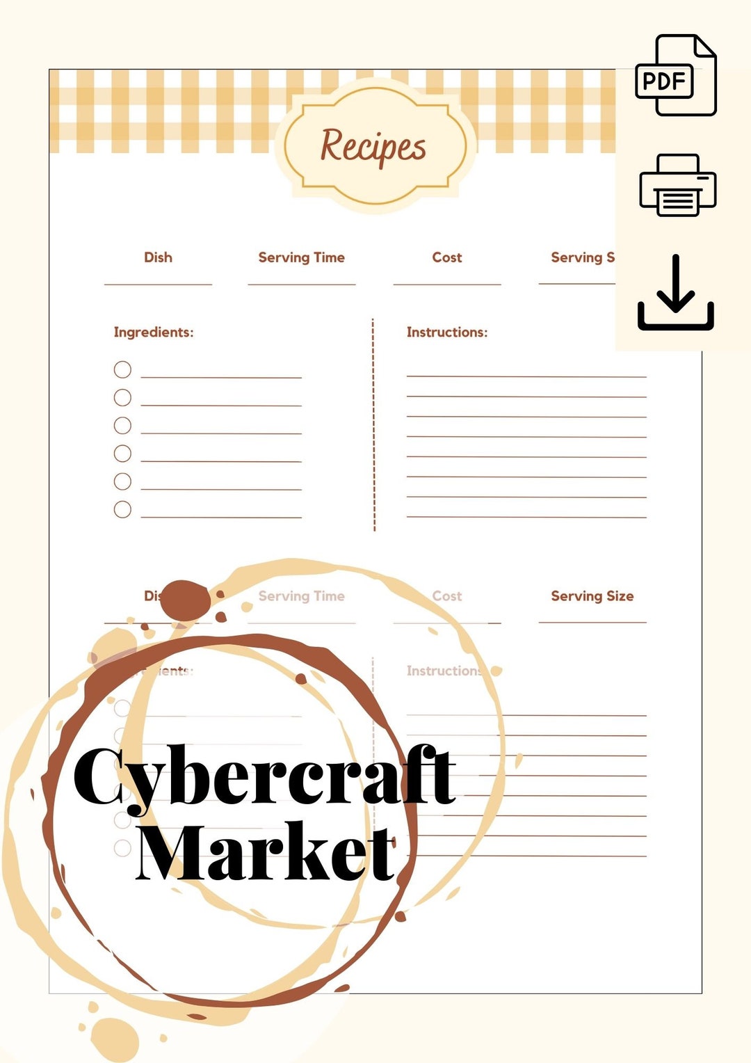 Classic Gingham Recipe Card Template Etsy