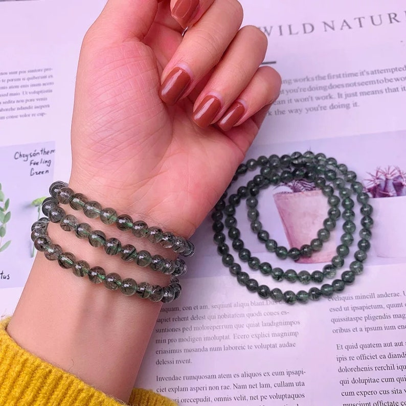 7mm Jewelry Bracelet Natural Purple Rutilated Quartz Crystal Elastic Round Bead 7mm Jewelry Bracelet Natural Purple Rutilated Quartz Crystal Elastic Round Bead