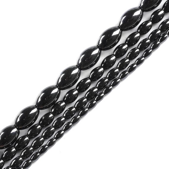 Natural Black Magnetic Hematite Olivary Rice Beads For Jewelry Making Strand 15" 