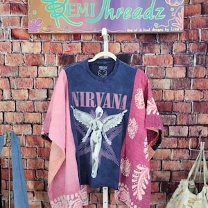 Nirvana Festival Top upcycled tee shirt and Kantha quilt fabric. Concert wear one size one of a kind hippie, grunge band