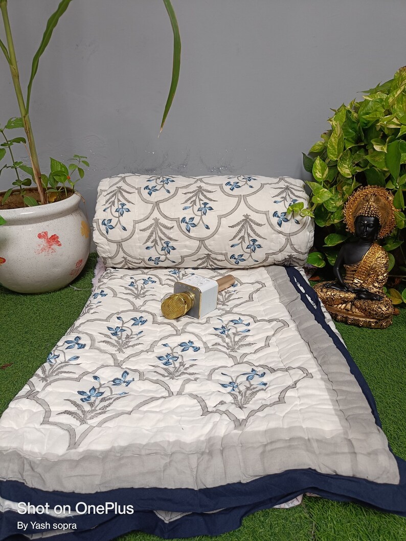 Reversible Hand Block Print Pure Cotton Quilt Bedspread Blue Etsy