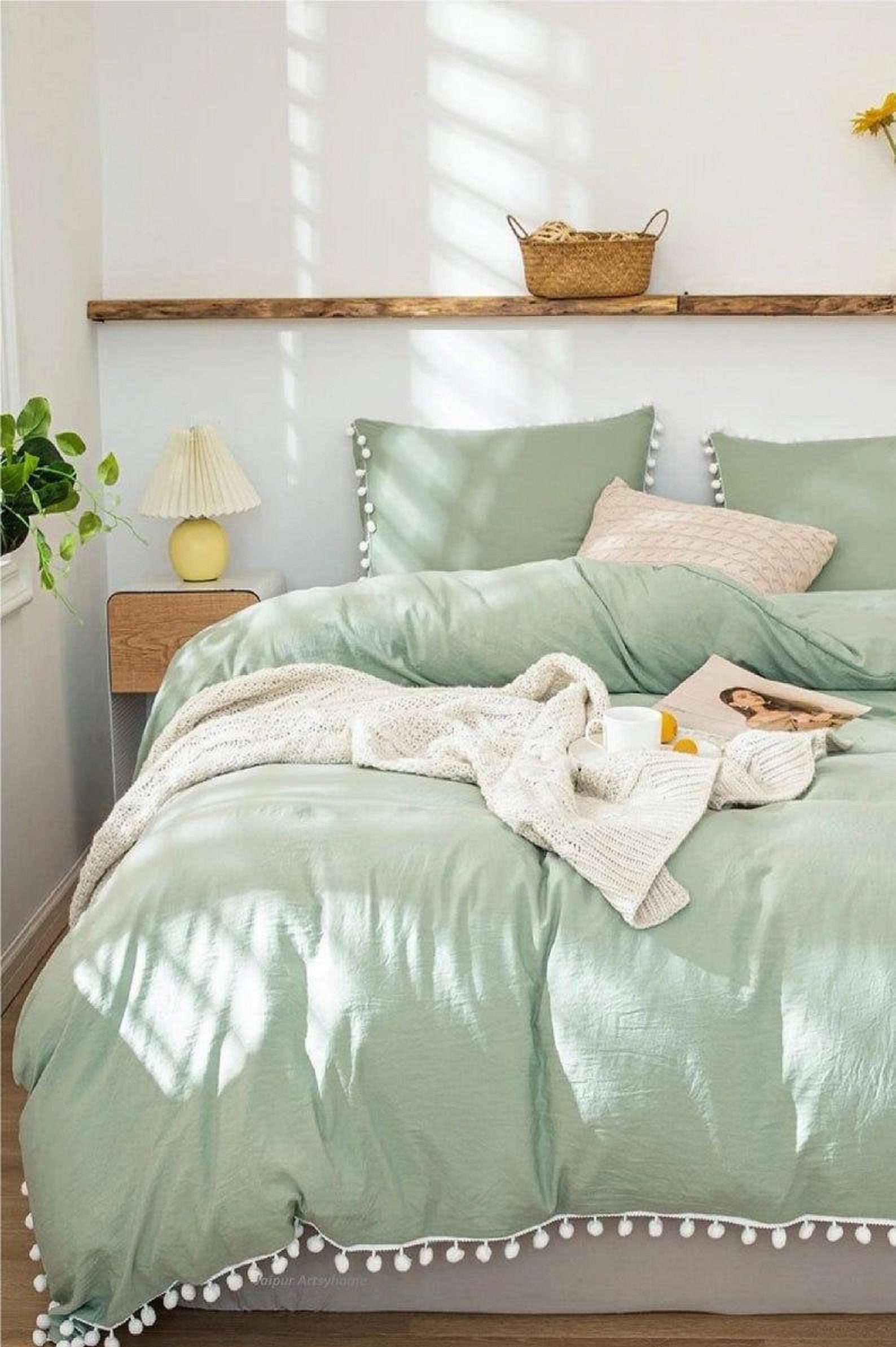 Cotton Boho Duvet Cover With Sage Green Pom Pom Duvet Cover Etsy