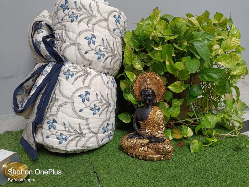 Reversible Hand Block Print Pure Cotton Quilt Bedspread Blue Etsy