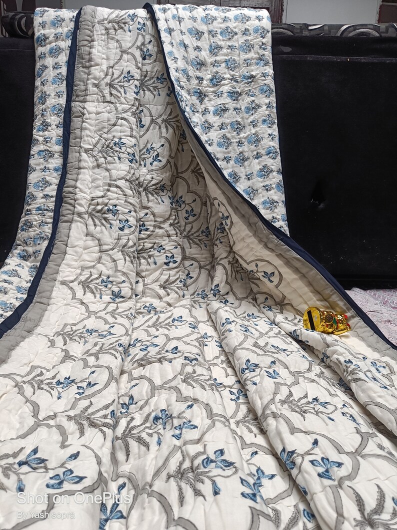 Reversible Hand Block Print Pure Cotton Quilt Bedspread Blue Etsy