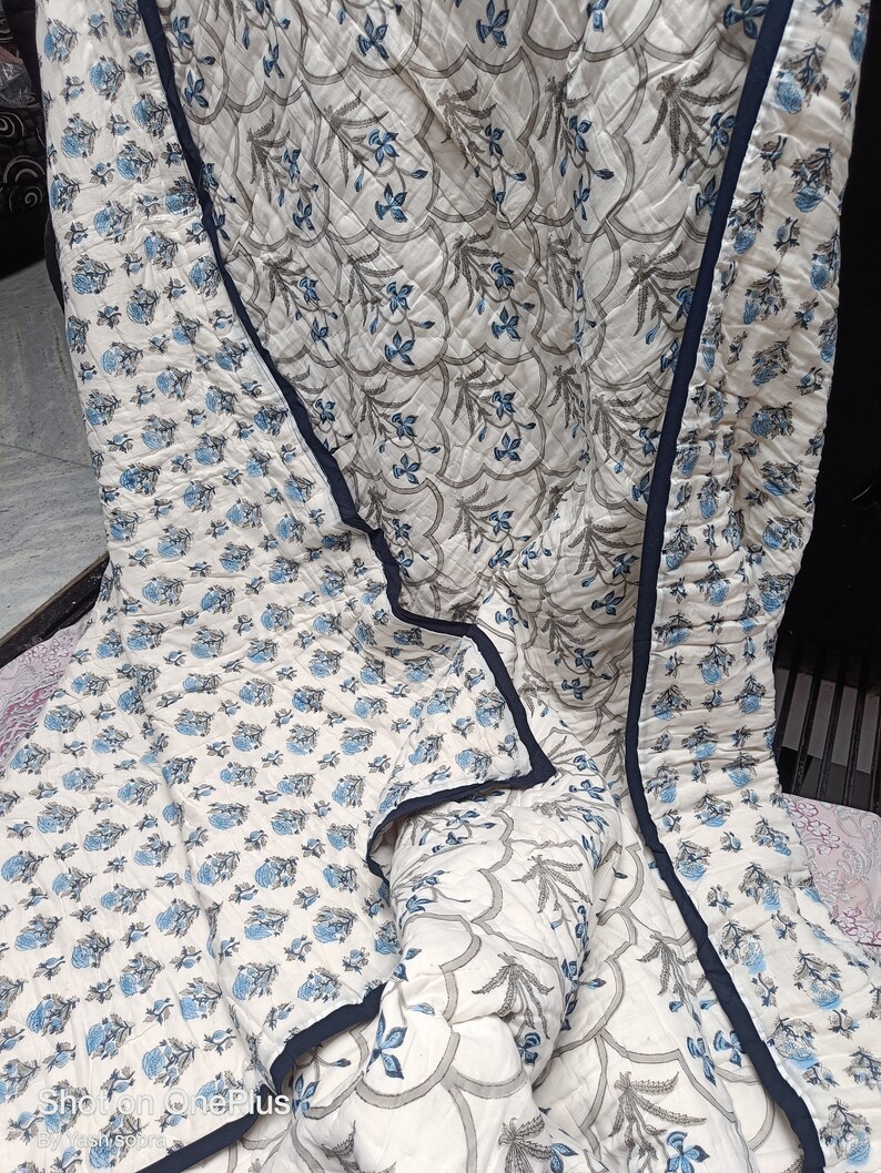 Reversible Hand Block Print Pure Cotton Quilt Bedspread Blue Etsy