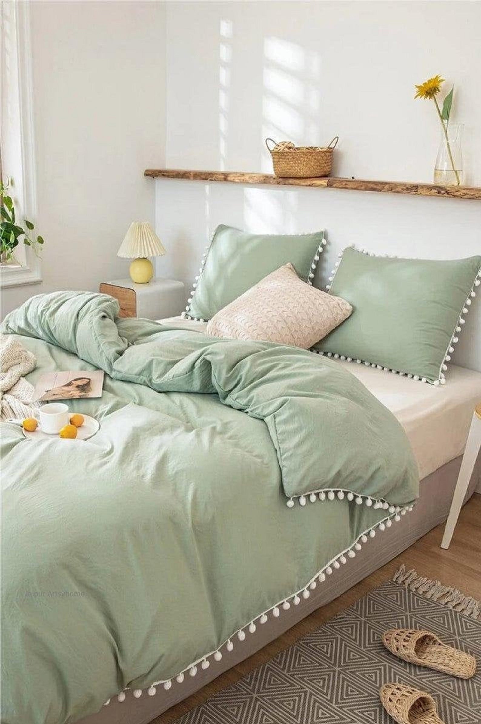 Cotton Boho Duvet Cover With Sage Green Pom Pom Duvet Cover Etsy