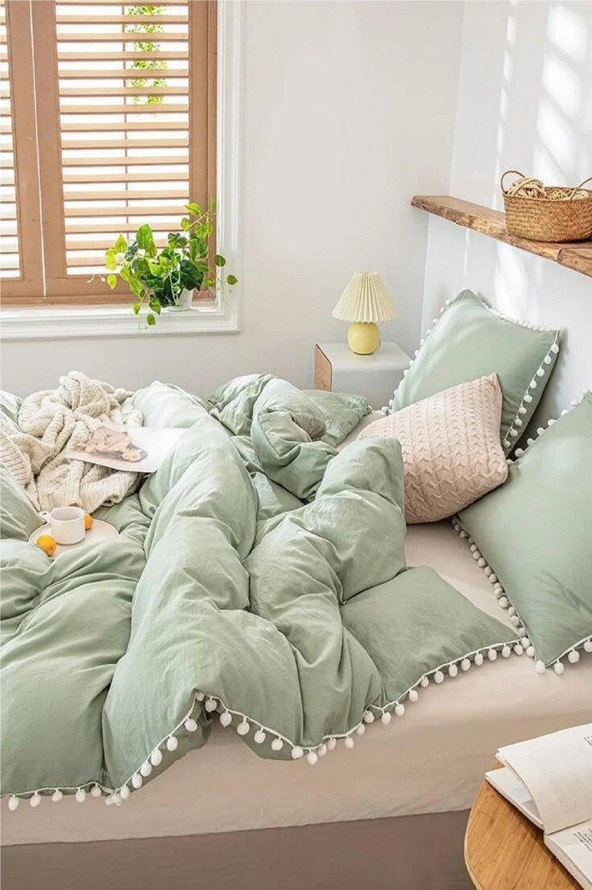 Cotton Boho Duvet Cover With Sage Green Pom Pom Duvet Cover Etsy