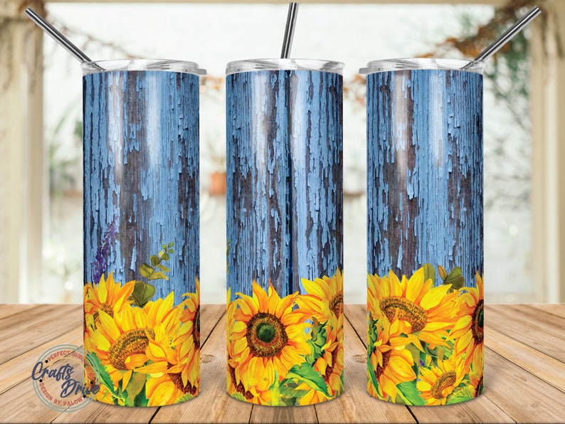 Rustic Wood Sunflower Tumbler Template Png Sublimation 20oz Skinny Tumbler Tapered and Straight Waterslide Full Wrap Digital Download