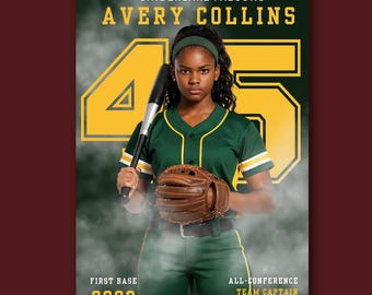 May include: A green and gold softball team poster featuring a young woman in a uniform, holding a bat and glove. The poster includes the text "Cinderlake Falcons," "Avery Collins," and "45." Additional text reads "First Base 2026" and "All-Conference Team Captain Varsity."