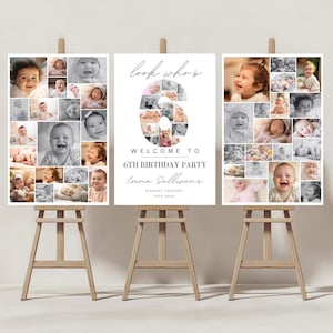 Modèle de plaque de bienvenue pour collage de photos de 6 anniversaires, collage de photos de numéros, cadeau d'anniversaire de look, chronologie des jalons, panneau de bienvenue