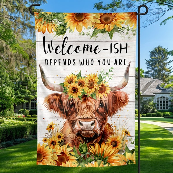 12x18 Highland Cow With Sunflowers Garden Flag, Welcome ish garden flag, Welcome flag, Summer Spring, Sublimation Design PNG