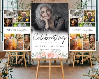 Celebration of Life Funeral Photo Collage Sign Set Templates, Funeral Welcome Sign Template, In Loving Memory, Memorial Poster, Pink Rose