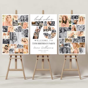Modèle de plaque de bienvenue pour collage photo de 75 anniversaires, collage de photos de numéros, cadeau d'anniversaire de look, chronologie des jalons, panneau de bienvenue