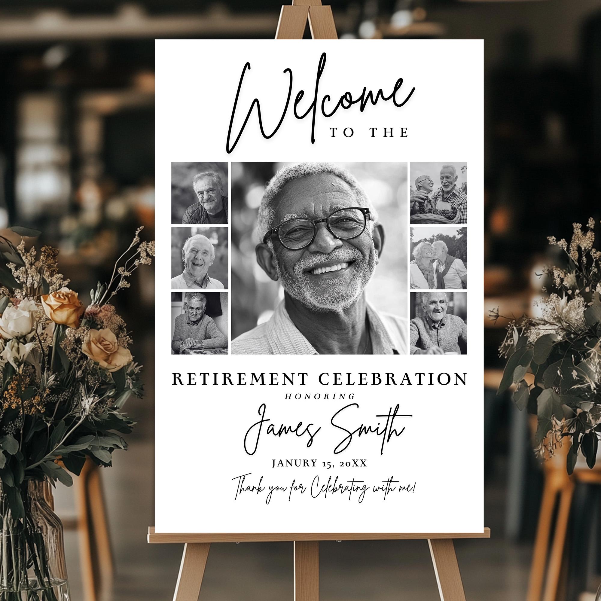 Retirement Welcome Sign with Picture and Photo Collage for men and women Templates, Celebration Sign Template, Retirement Party Board.