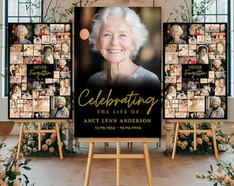 May include: Memorial sign with a portrait of an elderly woman, surrounded by a collage of photos. The sign reads "Celebrating the Life of Ancy Lynn Anderson" with dates. The sign is displayed on a wooden easel.