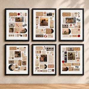 Può includere: Sei stampe d'arte da parete incorniciate con composizioni a collage di oggetti in stile vintage, tra cui fotografie, cassette, dischi in vinile, chiavi, scatole di fiammiferi e note scritte a mano in toni seppia e neutri, disposte a griglia.