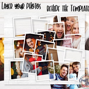 Pu&ograve; includere: Un modello digitale per la stratificazione di foto, con un collage di foto di famiglia all'interno di cornici bianche. Le parole "LAYER YOUR PHOTOS" e "BEHIND THE TEMPLATE" sono visualizzate in alto. Lo sfondo &egrave; una texture di legno bianco.