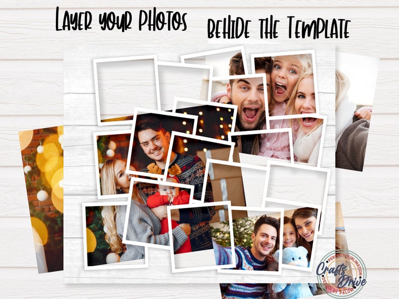 Pu&ograve; includere: Un modello digitale per la stratificazione di foto, con un collage di foto di famiglia all'interno di cornici bianche. Le parole "LAYER YOUR PHOTOS" e "BEHIND THE TEMPLATE" sono visualizzate in alto. Lo sfondo &egrave; una texture di legno bianco.