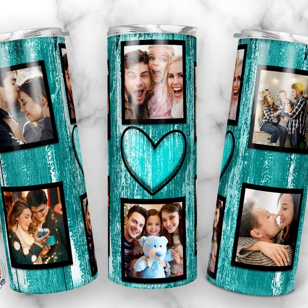 Teal blue Rustic Wood Grain 6 Family Picture Frame Heart Photo Tumbler Template, Wedding Birthday Gift, 20oz Skinny Png Sublimation