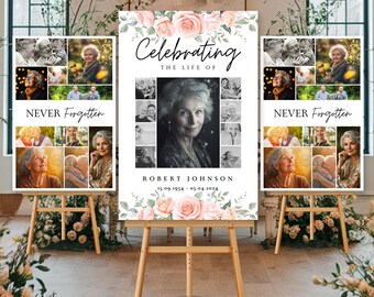 Celebration of Life Funeral Photo Collage Sign Set Templates, Funeral Welcome Sign Template, In Loving Memory, Memorial Poster, Pink Rose