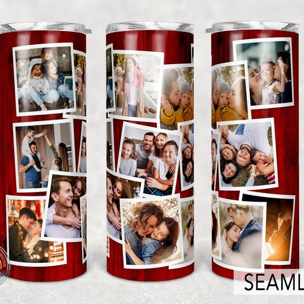 Maroon Red 12 Photo Tumbler Template, Png Sublimation Photo Collage 20oz Skinny Tumbler Tapered, Straight Waterslide Full Wrap