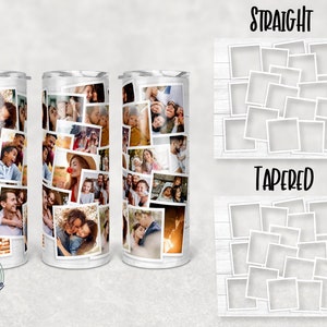 Pu&ograve; includere: Un bicchiere bianco con un collage di foto di famiglia. Il design include uno sfondo di assi di legno e il testo "Crafts Drive" e "Perfect Sublimation Design by Palow". Disponibile in stile dritto e affusolato.