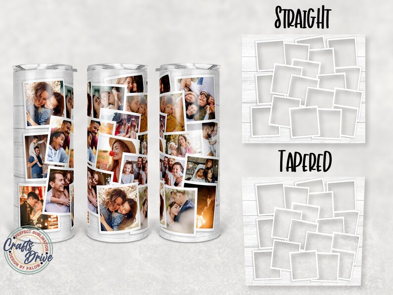 Pu&ograve; includere: Un bicchiere bianco con un collage di foto di famiglia. Il design include uno sfondo di assi di legno e il testo "Crafts Drive" e "Perfect Sublimation Design by Palow". Disponibile in stile dritto e affusolato.