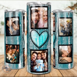 6 Familie Hart Foto Collage Tumbler Sjabloon, Foto Familie Frame Tumbler, Bruiloft Verjaardagscadeau, 20oz Skinny Png Sublimatie