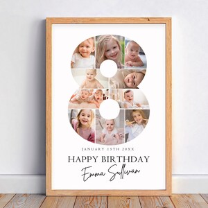 Modèle de plaque de bienvenue pour collage photo de 8 anniversaires, collage de photos numéro 8, cadeau d'anniversaire, chronologie des jalons d'anniversaire, panneau de bienvenue