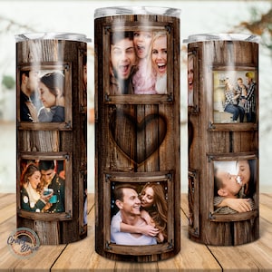 6 houtnerf familiehart fotocollage beker sjabloon, foto familielijst beker, bruiloft verjaardagscadeau, 20oz mager png-sublimatie