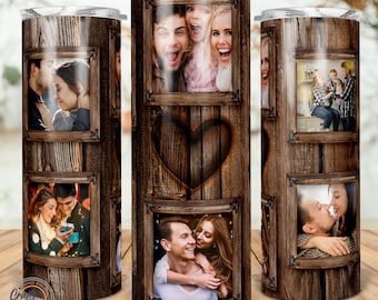 Family Photo Collage Tumbler Template: Wood Grain Heart Design (20oz Skinny Png Digital Download)