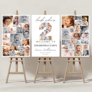 Modèle de plaque de bienvenue pour collage photo de 2 anniversaires, collage de photos de numéros, cadeau d'anniversaire de look, chronologie des jalons, panneau de bienvenue