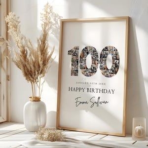 Modèle de plaque de bienvenue pour collage photo 100 anniversaire, collage photo numéro 100, cadeau d'anniversaire, chronologie des jalons d'anniversaire, panneau de bienvenue