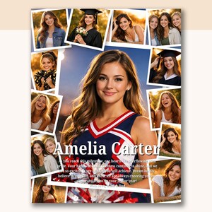 May include: A senior year photo collage featuring multiple images of a young woman, with the name "Amelia Carter" prominently displayed. The collage includes text congratulating her on her senior year.