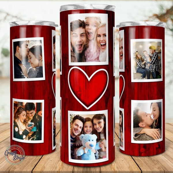Red Rustic Wood 6 Family Heart Photo Collage Tumbler Template, Picture Family Frame tumbler, Wedding Birthday Gift, 20oz Png Sublimation