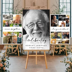 Modelli di set di cartelli per collage di foto funebri per la celebrazione della vita, modello di cartello di benvenuto per funerali, in amorevole ricordo, poster commemorativo 001