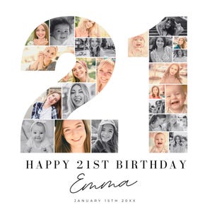 Modèle de plaque de bienvenue pour collage photo de 21 anniversaires, collage de photos de numéros, cadeau d'anniversaire de look, chronologie des jalons, panneau de bienvenue