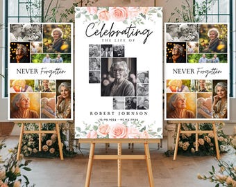 Celebration of Life Funeral Photo Collage Sign Set Templates, Funeral Welcome Sign Template, In Loving Memory, Memorial Poster, Pink Rose